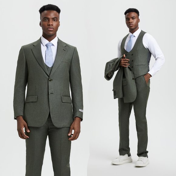 Stacy Adams Sharkskin 3pc Suit w/ Expandable Waistband, Stoned Olive